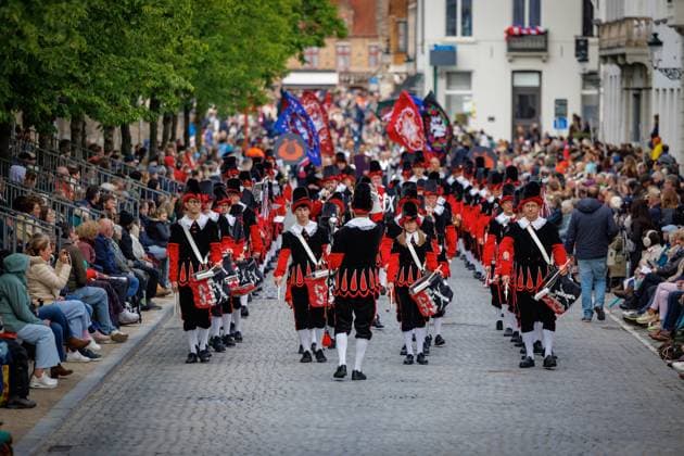 this picture shows the Holy Blood Procession (Heilig Bloedprocessie - Procession Saint-Sang) event, on Thursday 14 May 2026 in Brugge. During the procession, the relic of the Holy blood is carried from the Holy blood basilica to the Holy Saviour cathedral through the city center of Bruges.  KURTxDESPLENTER 173873520