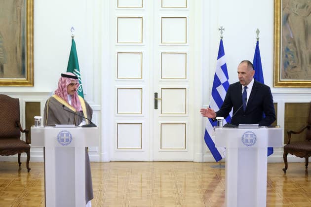 Saudi Arabian Foreign Minister Prince Faisal bin Farhan Al Saud in Athens ATHENS, GREECE - MAY 14: Greek Foreign Minister George Gerapetritis and Saudi Arabian Foreign Minister Prince Faisal bin Farhan Al Saud hold a joint press conference at the Foreign Ministry in Athens, Greece, on May 14, 2026. Costas Baltas Anadolu Athens Greece. Editorial use only. Please get in touch for any other usage.  Copyright: x2026xAnadoluxCostasxBaltasx