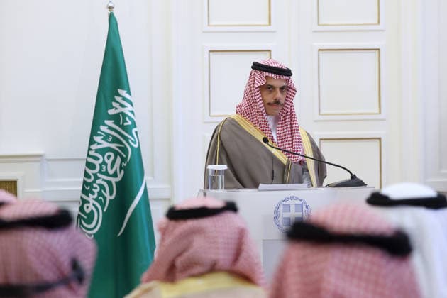 Saudi Arabian Foreign Minister Prince Faisal bin Farhan Al Saud in Athens ATHENS, GREECE - MAY 14: Greek Foreign Minister George Gerapetritis and Saudi Arabian Foreign Minister Prince Faisal bin Farhan Al Saud hold a joint press conference at the Foreign Ministry in Athens, Greece, on May 14, 2026. Costas Baltas Anadolu Athens Greece. Editorial use only. Please get in touch for any other usage.  Copyright: x2026xAnadoluxCostasxBaltasx