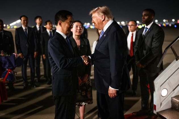 May 14, 2026, Beijing, China: U.S. President Donald Trump, right, is welcomed by Chinese Vice President of China Han Zheng, left, after arriving by Air Force One at Beijing Capital International Airport, May 13, 2026 in Beijing, China. Beijing China - ZUMAp138 20260514_zaa_p138_025 Copyright: xHandout WhitexHousex