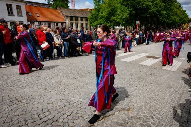 this picture shows the Holy Blood Procession (Heilig Bloedprocessie - Procession Saint-Sang) event, on Thursday 14 May 2026 in Brugge. During the procession, the relic of the Holy blood is carried from the Holy blood basilica to the Holy Saviour cathedral through the city center of Bruges.  KURTxDESPLENTER 173877659