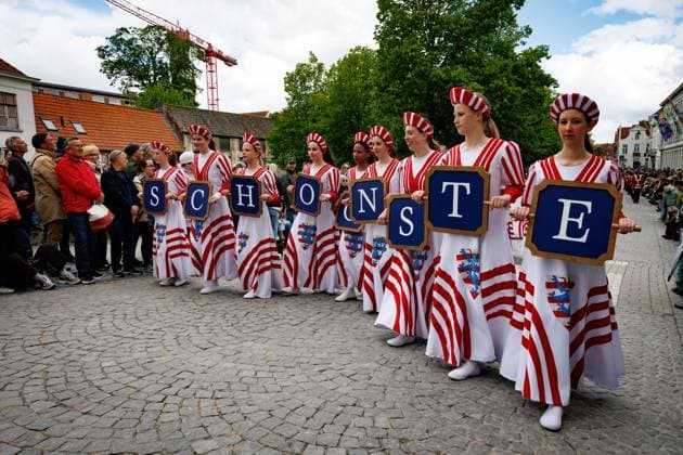 this picture shows the Holy Blood Procession (Heilig Bloedprocessie - Procession Saint-Sang) event, on Thursday 14 May 2026 in Brugge. During the procession, the relic of the Holy blood is carried from the Holy blood basilica to the Holy Saviour cathedral through the city center of Bruges.  KURTxDESPLENTER 173878066