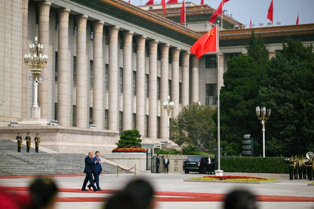 May 14, 2026, Beijing, China: Chinese President Xi Jinping, left, escorts U.S. President Donald Trump, during the official welcoming ceremony at the Great Hall of the People, May 14, 2026 in Beijing, China. Beijing China - ZUMAp138 20260514_zaa_p138_029 Copyright: xHandout WhitexHousex