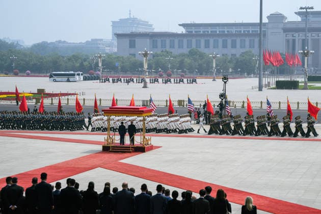 May 14, 2026, Beijing, China: U.S. President Donald Trump, and Chinese President Xi Jinping, stand for the review of honor guard during the official welcoming ceremony at the Great Hall of the People, May 14, 2026 in Beijing, China. Beijing China - ZUMAp138 20260514_zaa_p138_030 Copyright: xHandout WhitexHousex