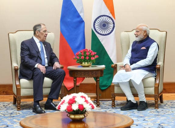 May 14, 2026, New Delhi, India: Indian Prime Minister Narendra Modi, right, listens to Russian Foreign Minister Sergey Lavrov, left, during a bilateral meeting, May 14, 2026 in New Delhi, India. The Prime Minister held the meeting on the sidelines of the BRICS Foreign MinistersÃ¢â‚¬â ¢ Meeting. New Delhi India - ZUMAp138 20260514_zaa_p138_036 Copyright: xPrimexMinisterxHandout PressxInfx