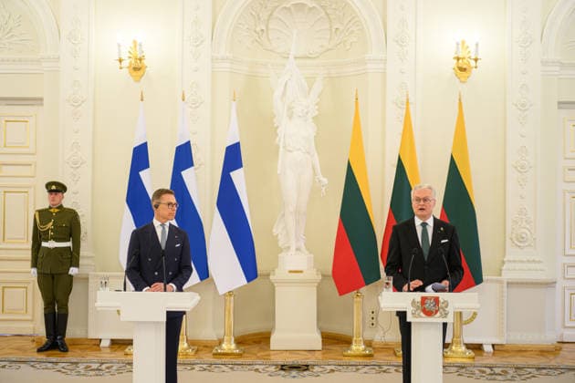President of Finland visits Vilnius, Lithuania - 14 May 2026 President of Finland Alexander Stubb and Lithuanian President Gitanas Nauseda are seen during a joint press conference at the Presidential Palace. President of Finland arrived in Lithuania on May 14 for a two-day state visit. In Vilnius, he met with Lithuanian President Gitanas Nauseda, after which the two leaders addressed the media at a press conference. Vilnius Lithuania Copyright: xYauhenxYerchakx xSOPAxImagesx stubb_vilnius_yerchak__2220