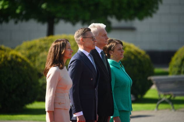 May 14, 2026, Vilnius, Lithuania: President of Finland Alexander Stubb, first lady Suzanne Innes-Stubb, Lithuanian President Gitanas Nauseda and First Lady Diana Nausediene listen to the anthem during a welcome ceremony at the Presidential Palace. President of Finland arrived in Lithuania on May 14 for a two-day state visit. In Vilnius, he met with Lithuanian President Gitanas Nauseda, after which the two leaders addressed the media at a press conference. Vilnius Lithuania - ZUMAs197 20260514_aaa_s197_074 Copyright: xYauhenxYerchakx