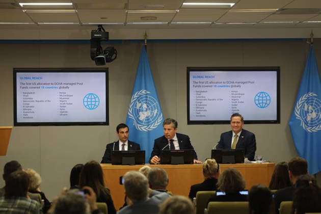 May 14, 2026, New York, New York, USA: From R-L; MIKE WALTZ, U.S. Representative to the United Nations; TOM FLETCHER, Under-Secretary-General for Humanitarian Affairs and Emergency Relief Coordinator and JEREMY P. LEWIN, Senior Official for Foreign Assistance, Humanitarian Affairs, and Religious Freedom at the U.S. Department of State, brief the press on U.S. humanitarian funding adjustments, aid efficiency, and efforts to prioritize resources for areas of greatest need at UNHQ. New York USA - ZUMAo116 20260514_znp_o116_013 Copyright: xBiancaxOterox