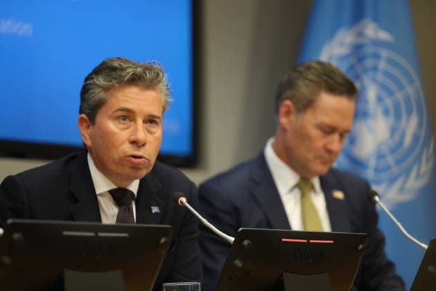 May 14, 2026, New York, New York, USA: TOM FLETCHER, Under-Secretary-General for Humanitarian Affairs and Emergency Relief Coordinator briefs the press as MIKE WALTZ, U.S. Representative to the United Nations sits next to him, on U.S. humanitarian funding adjustments, aid efficiency, and efforts to prioritize resources for areas of greatest need at UNHQ. New York USA - ZUMAo116 20260514_znp_o116_008 Copyright: xBiancaxOterox