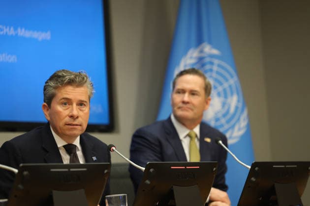May 14, 2026, New York, New York, USA: TOM FLETCHER, Under-Secretary-General for Humanitarian Affairs and Emergency Relief Coordinator briefs the press as MIKE WALTZ, U.S. Representative to the United Nations sits next to him, on U.S. humanitarian funding adjustments, aid efficiency, and efforts to prioritize resources for areas of greatest need at UNHQ. New York USA - ZUMAo116 20260514_znp_o116_009 Copyright: xBiancaxOterox