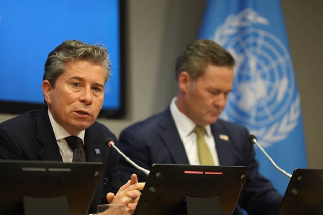 May 14, 2026, New York, New York, USA: TOM FLETCHER, Under-Secretary-General for Humanitarian Affairs and Emergency Relief Coordinator briefs the press as MIKE WALTZ, U.S. Representative to the United Nations sits next to him, on U.S. humanitarian funding adjustments, aid efficiency, and efforts to prioritize resources for areas of greatest need at UNHQ. New York USA - ZUMAo116 20260514_znp_o116_010 Copyright: xBiancaxOterox