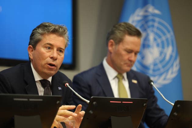 May 14, 2026, New York, New York, USA: TOM FLETCHER, Under-Secretary-General for Humanitarian Affairs and Emergency Relief Coordinator briefs the press as MIKE WALTZ, U.S. Representative to the United Nations sits next to him, on U.S. humanitarian funding adjustments, aid efficiency, and efforts to prioritize resources for areas of greatest need at UNHQ. New York USA - ZUMAo116 20260514_znp_o116_011 Copyright: xBiancaxOterox