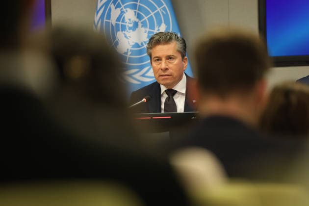 May 14, 2026, New York, New York, USA: TOM FLETCHER, Under-Secretary-General for Humanitarian Affairs and Emergency Relief Coordinator briefs the press as MIKE WALTZ, U.S. Representative to the United Nations sits next to him, on U.S. humanitarian funding adjustments, aid efficiency, and efforts to prioritize resources for areas of greatest need at UNHQ. New York USA - ZUMAo116 20260514_znp_o116_012 Copyright: xBiancaxOterox