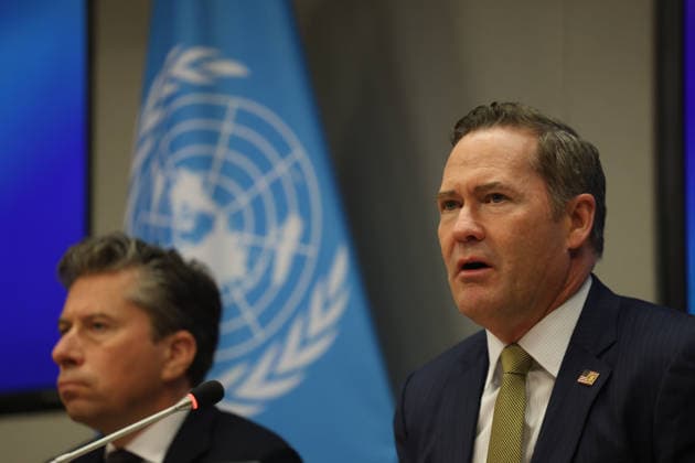 May 14, 2026, New York, New York, USA: MIKE WALTZ, U.S. Representative to the United Nations briefs the press as TOM FLETCHER, Under-Secretary-General for Humanitarian Affairs sits next to him, on U.S. humanitarian funding adjustments, aid efficiency, and efforts to prioritize resources for areas of greatest need at UNHQ. New York USA  - ZUMAo116 20260514_znp_o116_005 Copyright: xBiancaxOterox