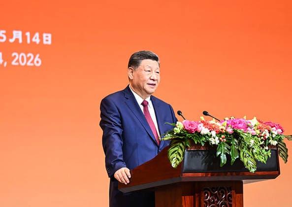 Chinese President Xi Jinping addresses a banquet to welcome U.S. President Donald Trump at the Great Hall of the People in Beijing in China, on Thursday, May 14, 2026. Xi on Thursday held a banquet here to welcome U.S. President Donald Trump on his state visit to China.  CHN202605061401 ChinesexForeignxMinistry