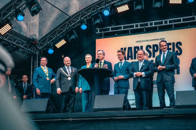 Germany, Aachen Presentation of the International Charlemagne Prize 2026 to Mario Draghi, Mario Draghi, former President of the European Central Bank ECB, former Italian Prime Minister, speech, thanks, cheers, stage on the Katschhof Copyright: xThiemoxRudolphx