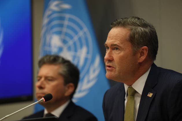 May 14, 2026, New York, New York, USA: MIKE WALTZ, U.S. Representative to the United Nations briefs the press as TOM FLETCHER, Under-Secretary-General for Humanitarian Affairs sits next to him, on U.S. humanitarian funding adjustments, aid efficiency, and efforts to prioritize resources for areas of greatest need at UNHQ. New York USA - ZUMAo116 20260514_znp_o116_004 Copyright: xBiancaxOterox