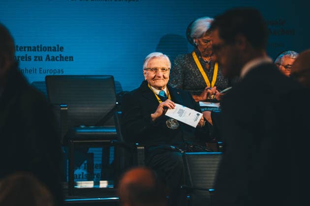 Germany, Aachen Presentation of the International Charlemagne Prize 2026 to Mario Draghi, Mario Draghi, former President of the European Central Bank ECB, Italian Prime Minister a D , Charlemagne Prize winner Jean Claude Trichet, guest on stage Copyright: xThiemoxRudolphx