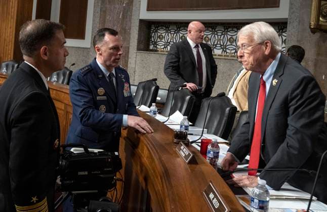 United States Senator Roger Wicker (Republican of Mississippi), Chair, US Senate Committee on Armed Services, right, greets Admiral Charles B Cooper II, US Navy, Commander, US Central Command (CENTCOM), left, and General Dagvin R M Anderson, US Air Force, Commander, US Africa Command (USAFRICOM), center, prior to the US Senate Committee on Armed Services hearing to ‘examine the posture of CENTCOM and USAFRICOM in review of the Defense Authorization Request for FY2027,’ in the Dirksen Senate Office Building on Capitol Hill in Washington, DC, USA, on Thursday, May 14, 2026. Copyright: xAndrewxThomasx xCNPx MediaPunchx