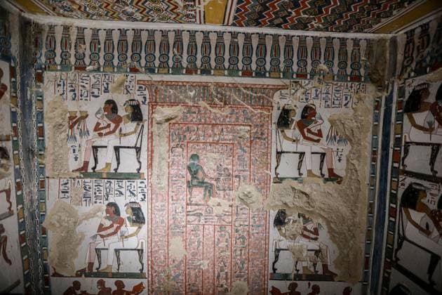 (260514) -- LUXOR, May 14, 2026 -- Colorful patterns are seen at the tomb belonging to an individual named Samut , which is located on the West Bank of Luxor Governorate, Egypt, May 14, 2026. Egyptian Ministry of Tourism and Antiquities announced on Thursday significant new archaeological discoveries made by an Egyptian mission in the Draa Abul Naga necropolis on the West Bank of Upper Egypt s Luxor. ) EGYPT-LUXOR-ANCIENT TOMBS-OPENING AhmedxGomaa 