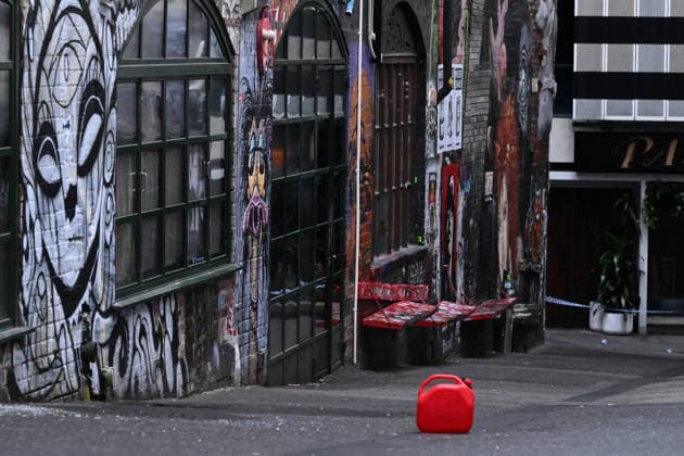 ARSON ATTACKS MELBOURNE, A jerry can at scene of a suspected arson attack at Bar Bambi, in Melbourne, Friday, May 15, 2026. ( NO ARCHIVING MELBOURNE VICTORIA AUSTRALIA  Copyright: xJOELxCARRETTx 20260515146822937142
