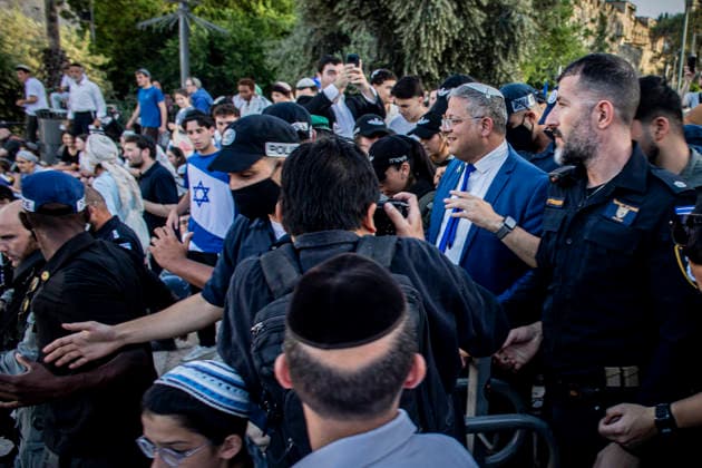 Jerusalem Day Flag Parade Israeli Minister of National security Itamar Ben Gvir escorted by body guards arrive outside Damascus gate In Jerusalem, Thursday May 14 2026. Israeli nationalists, many of them teenagers and young adults, swept through the narrow streets of JerusalemÕs Old City on Thursday during the annual Jerusalem Day march, chanting ÒDeath to ArabsÓ and ÒMay your villages burnÓ as tens of thousands paraded to celebrate what Israeli authorities call the ÒreunificationÓ of Jerusalem following IsraelÕs capture and annexation of east Jerusalem in the 1967 Arab-Israeli war, while many Palestinian residents remained barricaded indoors and shopkeepers were forced, ostensibly for their own protection, to close their businesses. Photo Copyright: xEyalxWarshavskyx