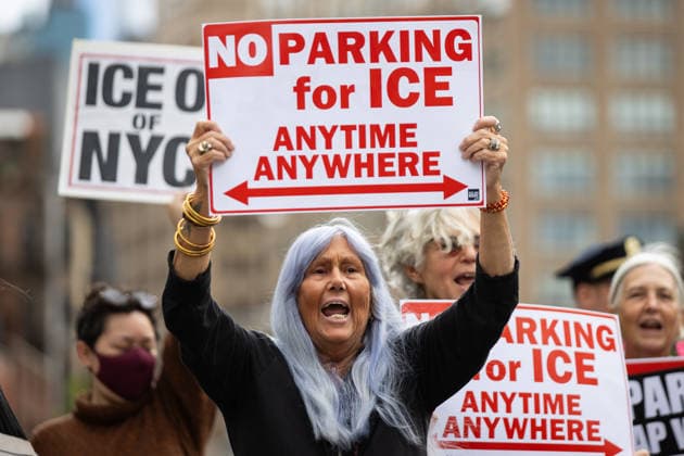 Protest against ICE held in New York City NEW YORK, UNITED STATES - MAY 14: A woman holds a banner as people holding banners and signs take part in a rally and protest outside a Metropolis Garage, in Manhattan demanding that the company stop collaborating with ICE and the Department of Homeland Security by allowing their vehicles to be parked in its garage, in New York City, New York, U.S., May 14, 2026. Mostafa Bassim Anadolu New York United States. Editorial use only. Please get in touch for any other usage.  Copyright: x2026xAnadoluxMostafaxBassimx