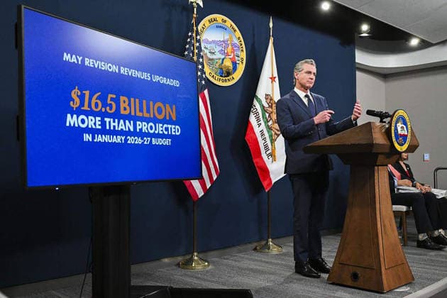 US-NEWS-CALIF-SPENDING-SA California Gov. Gavin Newsom delivers his final May budget revision as governor on Thursday, May 14, 2026, as a slide in his presentation states that revenues exceed projections by $16.5 billion, in Sacramento, California. (Hector Amezcua The Sacramento Bee TNS) EDITORIAL USE ONLY Copyright: xx 174114502W HectorxAmezcuax krtphotoslive963463