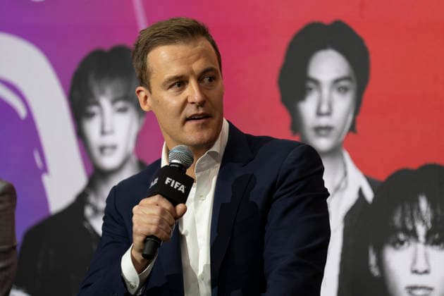 Global Citizen co-founder and CEO Hugh Evans speaks during the presentation of the artists who will participate in the show at the 2026 FIFA World Cup Final, in New York, United States, 14 May 2026. FIFA presents the artists for the 2026 World Cup Final show !ACHTUNG: NUR REDAKTIONELLE NUTZUNG!  Copyright: xAngelxColmenaresx AME1918 20260514-55020285895_1