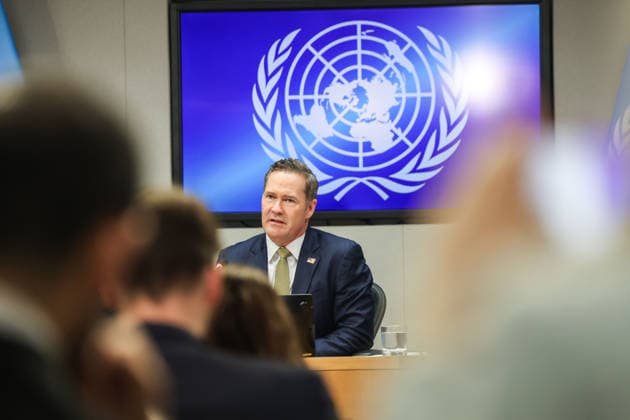 May 14, 2026, New York, New York, USA: MIKE WALTZ, U.S. Representative to the United Nations seen through seated journalists as he briefs the press along with JEREMY P. LEWIN, Senior Official for Foreign Assistance and TOM FLETCHER, Under-Secretary-General for Humanitarian Affairson U.S. humanitarian funding adjustments, aid efficiency, and efforts to prioritize resources for areas of greatest need at UNHQ. New York USA - ZUMAo116 20260514_znp_o116_061 Copyright: xBiancaxOterox