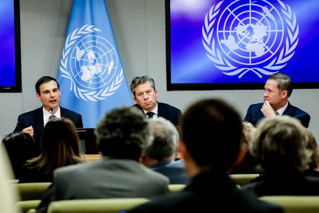 May 14, 2026, New York, New York, USA: From R-L; MIKE WALTZ, U.S. Representative to the United Nations; TOM FLETCHER, Under-Secretary-General for Humanitarian Affairs and Emergency Relief Coordinator and JEREMY P. LEWIN, Senior Official for Foreign Assistance, Humanitarian Affairs, and Religious Freedom at the U.S. Department of State, seen through seated journlalists. LEWIN answers questions presented by the press to them, on recent U.S. humanitarian funding adjustments, aid efficiency, and efforts to prioritize resources for areas of greatest need at UNHQ. New York USA - ZUMAo116 20260514_znp_o116_058 Copyright: xBiancaxOterox