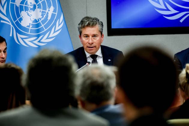 May 14, 2026, New York, New York, USA: TOM FLETCHER, Under-Secretary-General for Humanitarian Affairs and Emergency Relief Coordinator seen through a room of journalists as he briefs the press on U.S. humanitarian funding adjustments, aid efficiency, and efforts to prioritize resources for areas of greatest need at UNHQ. New York USA - ZUMAo116 20260514_znp_o116_060 Copyright: xBiancaxOterox