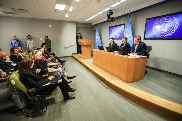 May 14, 2026, New York, New York, USA: Wide angle image of UN Press briefing room. At the panel from R-L; MIKE WALTZ, U.S. Representative to the United Nations; TOM FLETCHER, Under-Secretary-General for Humanitarian Affairs and Emergency Relief Coordinator and JEREMY P. LEWIN, Senior Official for Foreign Assistance, Humanitarian Affairs, and Religious Freedom at the U.S. Department of State, seen through seated journlalists. FLETCHER answers questions presented by the press to them, on recent U.S. humanitarian funding adjustments, aid efficiency, and efforts to prioritize resources for areas of greatest need at UNHQ. New York USA - ZUMAo116 20260514_znp_o116_056 Copyright: xBiancaxOterox