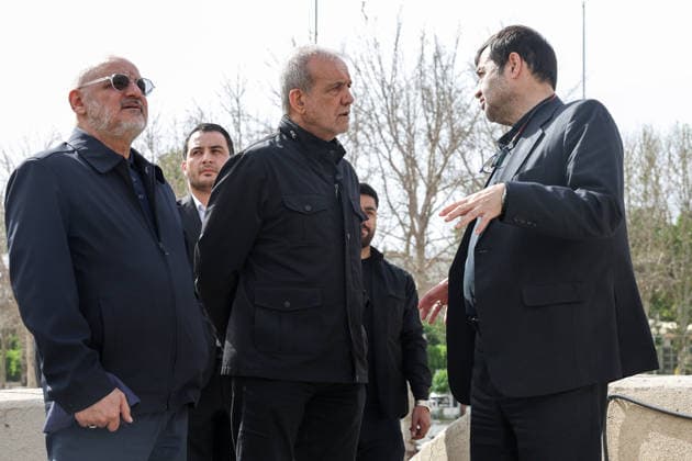 May 13, 2026, Tehran, Iran: Iranian President MASOUD PEZESHKIAN and Minister of Sport and Youth AHMAD DONYAMALI visit a heavily damaged building at Azadi Indoor Stadium following a strike in western Tehran. The United States and Israel started striking Iran on February 28, killing Iran s supreme leader and top military leaders, and prompting authorities to retaliate with strikes on Israel and across the Gulf. Iran s chief negotiator said on May 12 that Washington must accept Tehran s latest peace plan or face failure, after US President Donald Trump warned the truce in the Middle East war was on the brink of collapse. Tehran Iran - ZUMAi98_ 20260513_zih_i98_276 Copyright: xIranianxPresidencyx