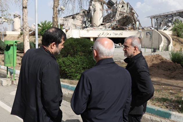 May 13, 2026, Tehran, Iran: Iranian President MASOUD PEZESHKIAN and Minister of Sport and Youth AHMAD DONYAMALI visit a heavily damaged building at Azadi Indoor Stadium following a strike in western Tehran. The United States and Israel started striking Iran on February 28, killing Iran s supreme leader and top military leaders, and prompting authorities to retaliate with strikes on Israel and across the Gulf. Iran s chief negotiator said on May 12 that Washington must accept Tehran s latest peace plan or face failure, after US President Donald Trump warned the truce in the Middle East war was on the brink of collapse. Tehran Iran - ZUMAi98_ 20260513_zih_i98_280 Copyright: xIranianxPresidencyx