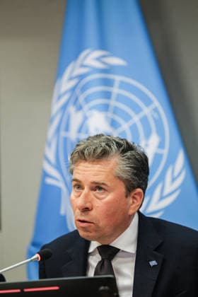 May 14, 2026, New York, New York, USA: TOM FLETCHER, Under-Secretary-General for Humanitarian Affairs and Emergency Relief Coordinator briefs the press on U.S. humanitarian funding adjustments, aid efficiency, and efforts to prioritize resources for areas of greatest need at UNHQ. New York USA - ZUMAo116 20260514_znp_o116_016 Copyright: xBiancaxOterox