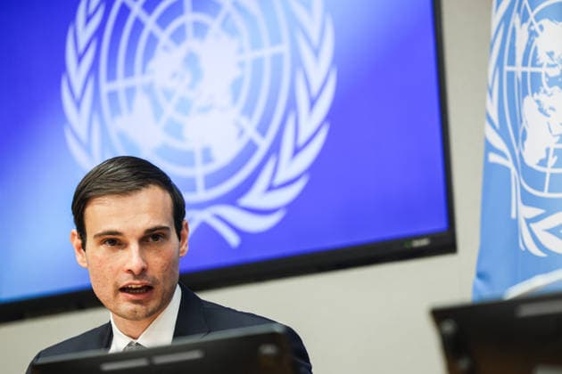 May 14, 2026, New York, New York, USA: JEREMY P. LEWIN, Senior Official for Foreign Assistance, Humanitarian Affairs, and Religious Freedom at the U.S. Department of State, stands before a screen displaying the UN logo and flag during a press briefing on U.S. humanitarian funding adjustments, aid efficiency, and efforts to prioritize resources for areas of greatest need, in coordination with OCHA at UNHQ. New York USA - ZUMAo116 20260514_znp_o116_022 Copyright: xBiancaxOterox
