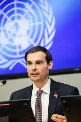May 14, 2026, New York, New York, USA: JEREMY P. LEWIN, Senior Official for Foreign Assistance, Humanitarian Affairs, and Religious Freedom at the U.S. Department of State, speaks before a screen displaying the UN logo during a press briefing on U.S. humanitarian funding adjustments, aid efficiency, and efforts to prioritize resources for areas of greatest need, in coordination with OCHA at UNHQ. New York USA - ZUMAo116 20260514_znp_o116_019 Copyright: xBiancaxOterox