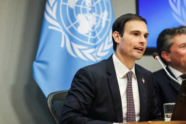 May 14, 2026, New York, New York, USA: JEREMY P. LEWIN, Senior Official for Foreign Assistance, Humanitarian Affairs, and Religious Freedom at the U.S. Department of State, speaks before a UN flag during a press briefing on U.S. humanitarian funding adjustments, aid efficiency, and efforts to prioritize resources for areas of greatest need, in coordination with OCHA at UNHQ. New York USA - ZUMAo116 20260514_znp_o116_023 Copyright: xBiancaxOterox