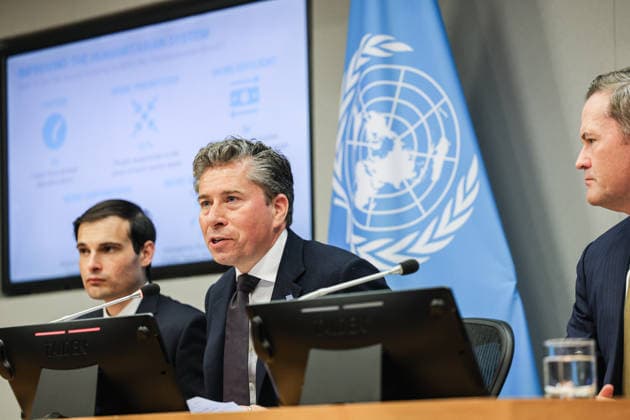May 14, 2026, New York, New York, USA: (R) TOM FLETCHER, Under-Secretary-General for Humanitarian Affairs and Emergency Relief Coordinator, speaks as JEREMY P. LEWIN, Senior Official for Foreign Assistance, Humanitarian Affairs, and Religious Freedom at the U.S. Department of State, sits beside him in front of a screen showing U.S. funding allocations to OCHA during a press briefing on humanitarian funding adjustments, aid efficiency, and efforts to prioritize resources for areas of greatest need through OCHA at UNHQ. New York USA - ZUMAo116 20260514_znp_o116_030 Copyright: xBiancaxOterox