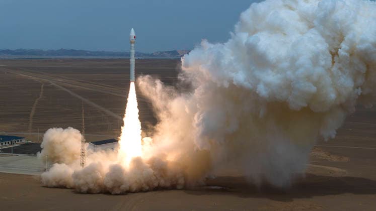 (260515) -- JIUQUAN, May 15, 2026 -- A Lijian-1 Y13 carrier rocket with five satellites onboard blasts off from the Dongfeng commercial space innovation pilot zone in northwest China, May 15, 2026. The rocket blasted off at 12:33 p.m. (Beijing Time) and successfully transported the satellites to their planned orbits. (Photo by Wang Jiangbo Xinhua) (EyesOnSci) CHINA-SATELLITES-LAUNCH (CN) LiuxFang 