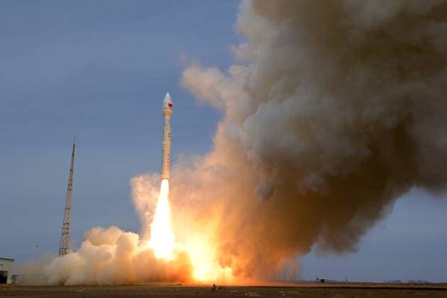 (260515) -- JIUQUAN, May 15, 2026 -- A Lijian-1 Y13 carrier rocket with five satellites onboard blasts off from the Dongfeng commercial space innovation pilot zone in northwest China, May 15, 2026. The rocket blasted off at 12:33 p.m. (Beijing Time) and successfully transported the satellites to their planned orbits. (Photo by Wang Jiangbo Xinhua) (EyesOnSci) CHINA-SATELLITES-LAUNCH (CN) LiuxFang 