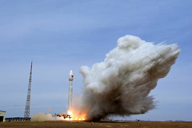 (260515) -- JIUQUAN, May 15, 2026 -- A Lijian-1 Y13 carrier rocket with five satellites onboard blasts off from the Dongfeng commercial space innovation pilot zone in northwest China, May 15, 2026. The rocket blasted off at 12:33 p.m. (Beijing Time) and successfully transported the satellites to their planned orbits. (Photo by Wang Jiangbo Xinhua) (EyesOnSci) CHINA-SATELLITES-LAUNCH (CN) LiuxFang 