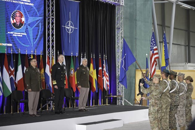 Handover ceremony of command duties at NATO Headquarters Sarajevo SARAJEVO, BOSNIA AND HERZEGOVINA - MAY 15: A general view from handover ceremony of command duties at NATO Headquarters Sarajevo to the new NATO Headquarters Commander, Brigadier General James C. Fowler on May 15, 2026 in Sarajevo, Bosnia and Herzegovina. Samir Jordamovic Anadolu Sarajevo Bosnia and Herzegovina. Editorial use only. Please get in touch for any other usage.  Copyright: x2026xAnadoluxSamirxJordamovicx
