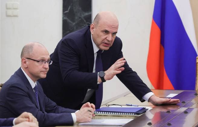 Russia Putin Economy 9166032 15.05.2026 Russian Prime Minister Mikhail Mishustin and First Deputy Chief of Staff of the Presidential Executive Office Sergei Kiriyenko wait before a meeting on economic issues held by President Vladimir Putin at the Kremlin in Moscow, Russia. Mikhail Metzel Sputnik Moscow Russia  Copyright: xMikhailxMetzelx