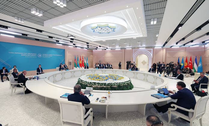 Informal Summit of the Organization of Turkic States in Kazakhstan TURKISTAN, KAZAKHSTAN - MAY 15: (----EDITORIAL USE ONLY - MANDATORY CREDIT - TURKISH PRESIDENCY HANDOUT - NO MARKETING NO ADVERTISING CAMPAIGNS - DISTRIBUTED AS A SERVICE TO CLIENTS----) A general view of the hall during the Informal Summit of the Organization of Turkic States (OTS) at the Turkistan Congress Center in Turkistan, Kazakhstan on May 15, 2026. Turkish Presidency Anadolu Turkistan Kazakhstan. Editorial use only. Please get in touch for any other usage.  Copyright: x2026xAnadoluxTurkishxPresidencyx