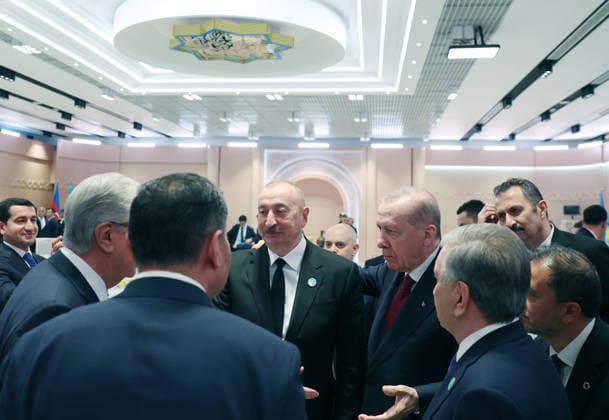 Informal Summit of the Organization of Turkic States in Turkistan TURKISTAN, KAZAKHSTAN - MAY 15: (----EDITORIAL USE ONLY - MANDATORY CREDIT - TURKISH PRESIDENCY HANDOUT - NO MARKETING NO ADVERTISING CAMPAIGNS - DISTRIBUTED AS A SERVICE TO CLIENTS----) Turkish President Recep Tayyip Erdogan, Azerbaijani President Ilham Aliyev, Kazakh President Kassym-Jomart Tokayev, Uzbek President Shavkat Mirziyoyev and Kyrgyz President Sadyr Japarov attend the Informal Summit of the Organization of Turkic States (OTS) at the Turkistan Congress Center in Turkistan, Kazakhstan on May 15, 2026. Turkish Presidency Anadolu Turkistan Kazakhstan. Editorial use only. Please get in touch for any other usage.  Copyright: x2026xAnadoluxTurkishxPresidencyx