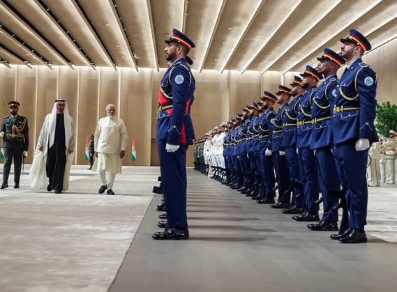 PM Modi receives a guard of honour on his arrival Abu Dhabi, May 15 (ANI): Prime Minister Narendra Modi receives a guard of honour on his arrival, in Abu Dhabi on Friday. UAE President HH Sheikh Mohamed bin Zayed Al Nahyan also present. (DPR PMO ANI Photo) Abu Dhabi UAE Copyright: xANIx ANI_20260515099