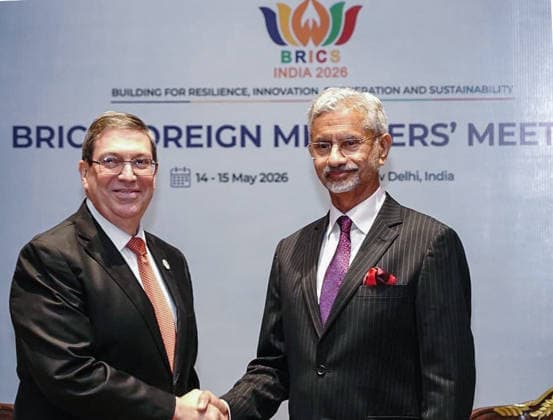 RECORD DATE NOT STATED EAM S. Jaishankar & Cuba s Foreign Minister Bruno Rodriguez Parrilla exchange an MoU New Delhi, May 15 (ANI): External Affairs Minister S. Jaishankar and Cuba s Foreign Minister Bruno Rodriguez Parrilla exchange a handshake following the bilateral talks and the exchange of an MoU on the sidelines of the BRICS Foreign Ministers Meeting, in New Delhi on Friday. (@DrSJaishankar ANI Photo) NEW DELHI Delhi India Copyright: xANIx ANI_20260515127