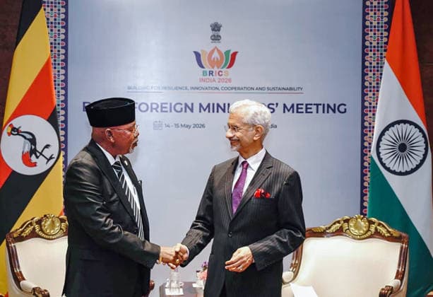 RECORD DATE NOT STATED EAM S. Jaishankar & Uganda s counterpart Odongo Jeje Abubakhar hold bilateral talks New Delhi, May 15 (ANI): External Affairs Minister S. Jaishankar and Uganda s counterpart Odongo Jeje Abubakhar exchange a handshake following their bilateral talks on the sidelines of the BRICS Foreign Ministers Meeting, in New Delhi on Friday. (@DrSJaishankar ANI Photo) NEW DELHI Delhi India Copyright: xANIx ANI_20260515131